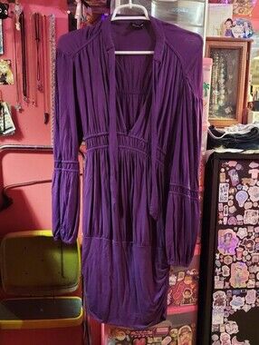 Purple long sleeve ruched pussybow plunge hippy dress